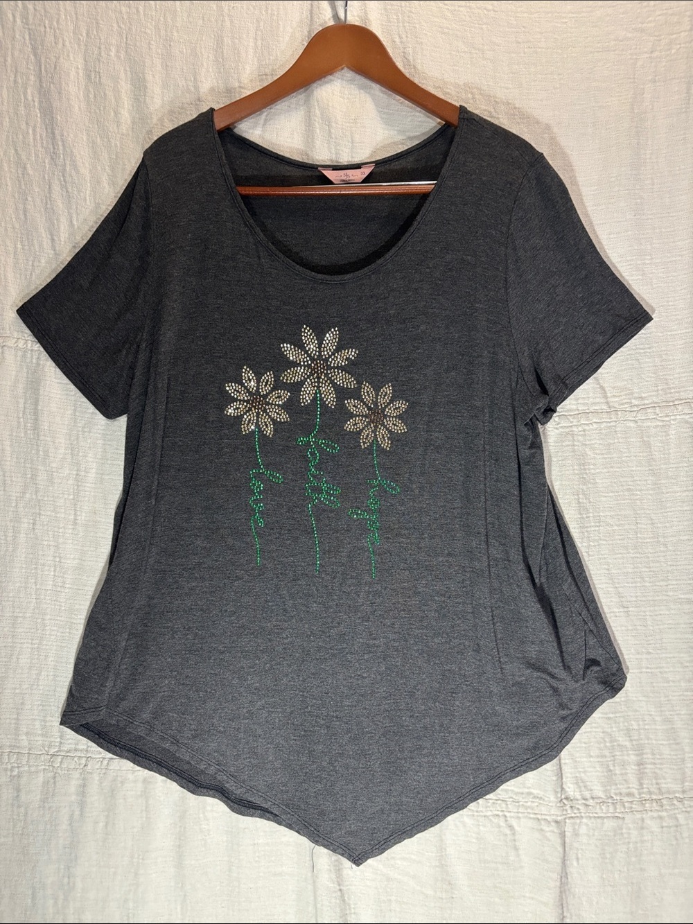 SJS Charcoal Gray Short Sleeve Tee with Rhinestone Floral Detail